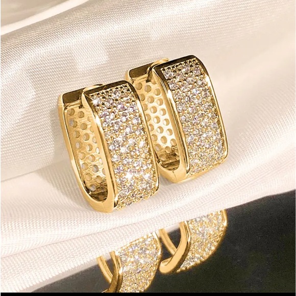 Simulated diamonds cluster pave beautiful, bridal huggie hoop gold tone earrings - Picture 3 of 5